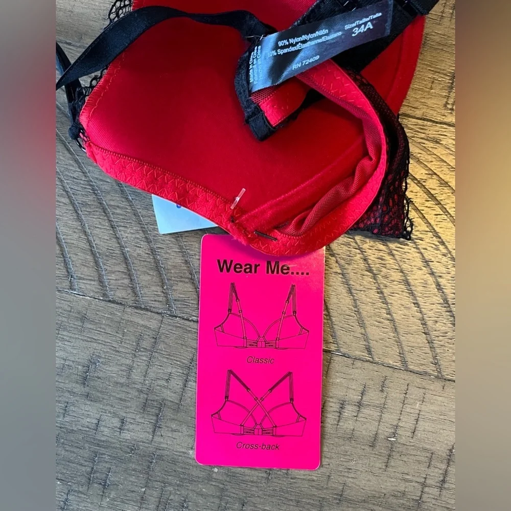 Rene Rofe Red Bra with Black Lace Overlay 34A NWT - Picture 3 of 4